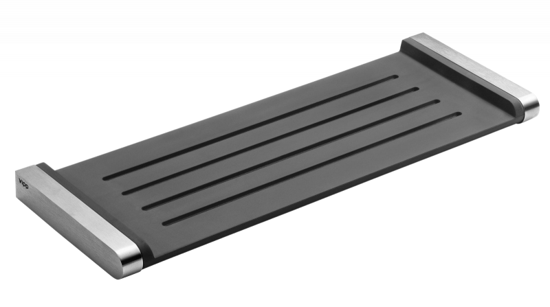Graue Vipp Badablage aus Edelstahl und Gummi mit schlichtem, modernem Design für Badezimmer.